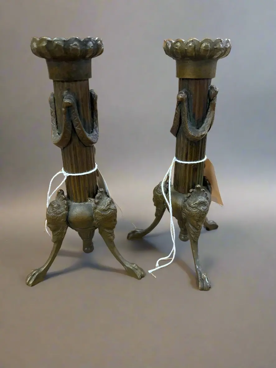 Pair Of Bronze Fluted Footed 19Th Century Candle Sticks 1