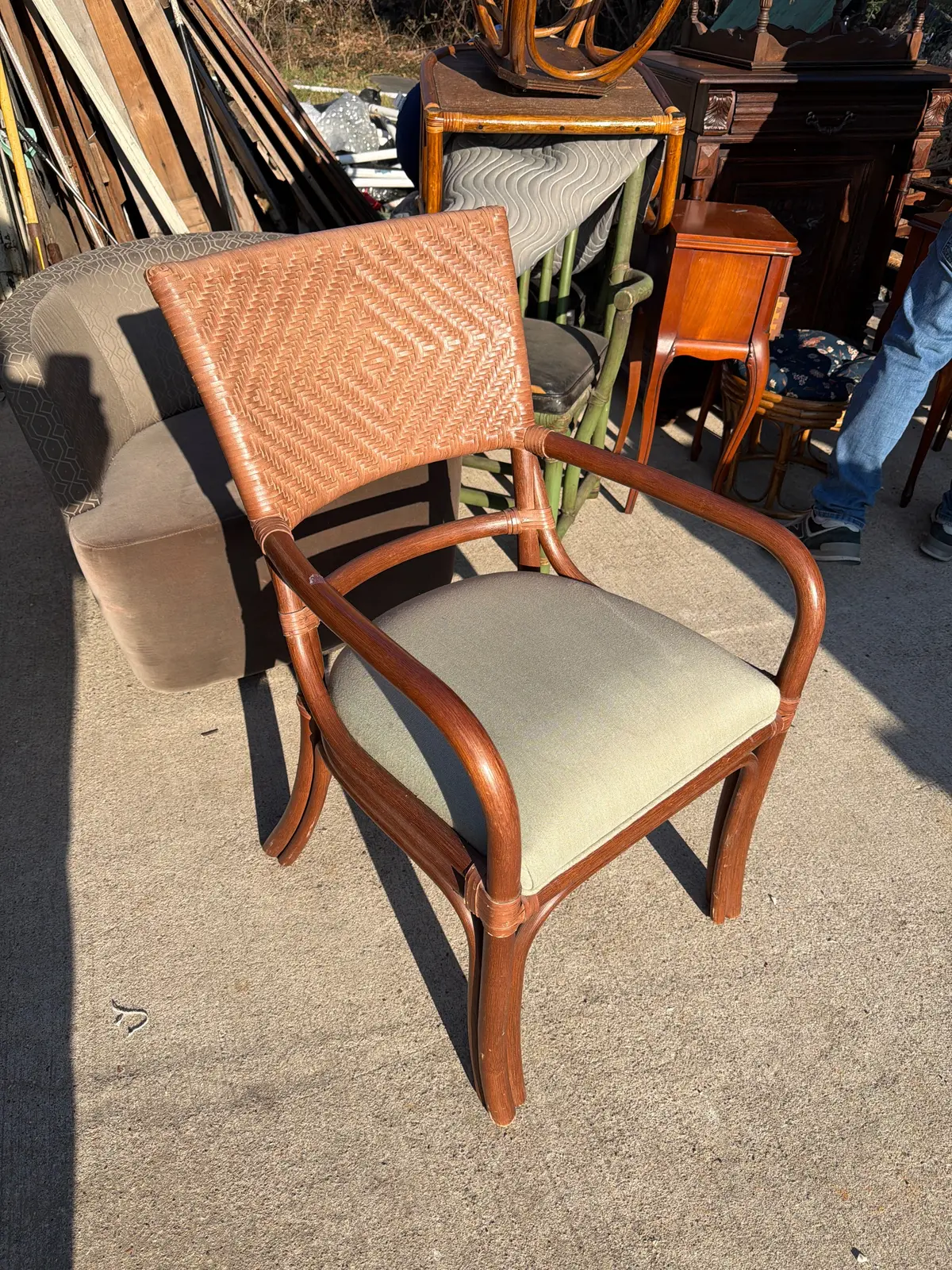 Mid Century Bamboo And Rattan Armchair With Green Upholstery 1