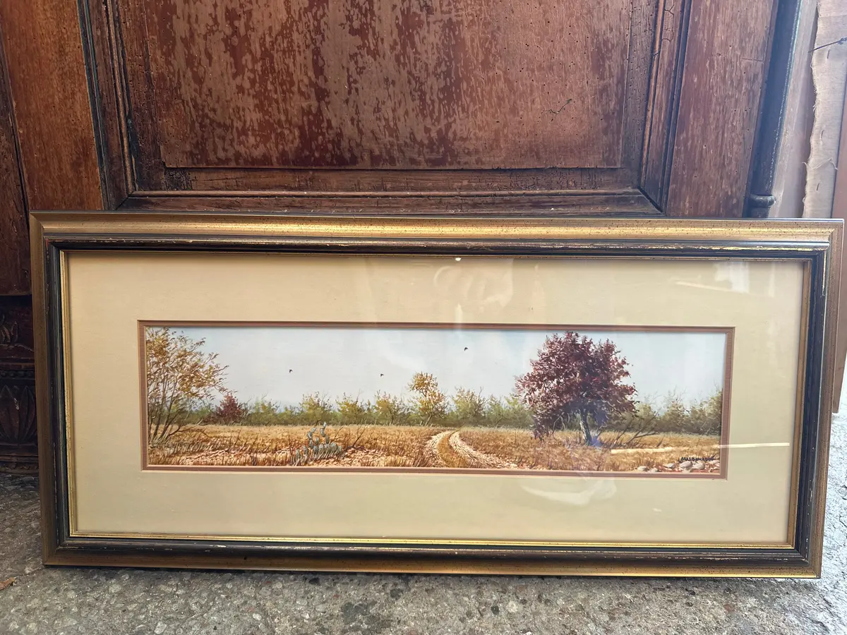 Small Franed Horizontal Water Color Of A Road Through Bluebonnets Signed Daniel Maldonad0 1