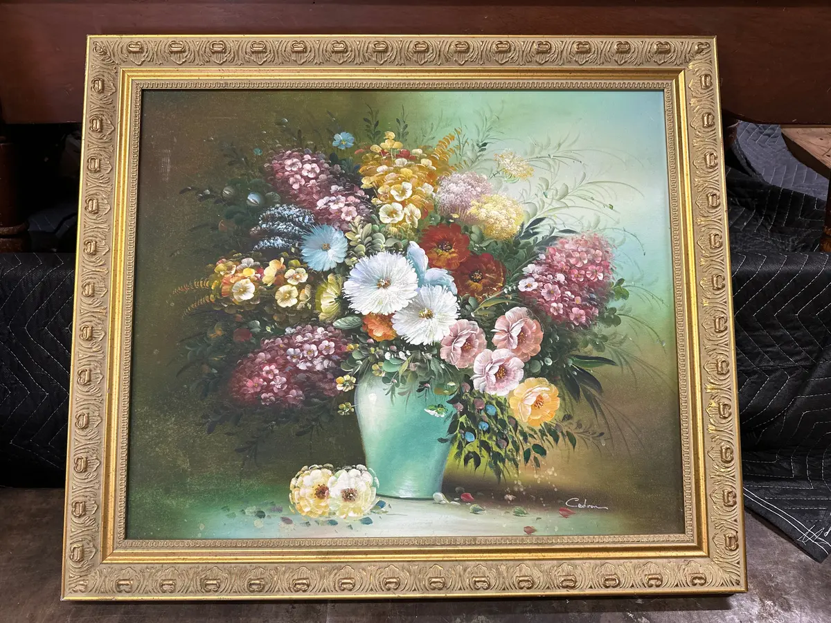 Framed Still Life Oil Painting Of Flowers In Vase 1