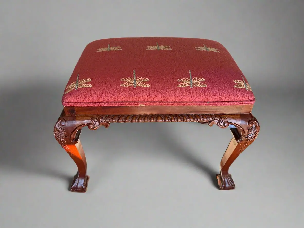 Red Upholstered Stool With Queen Anne Legs 1