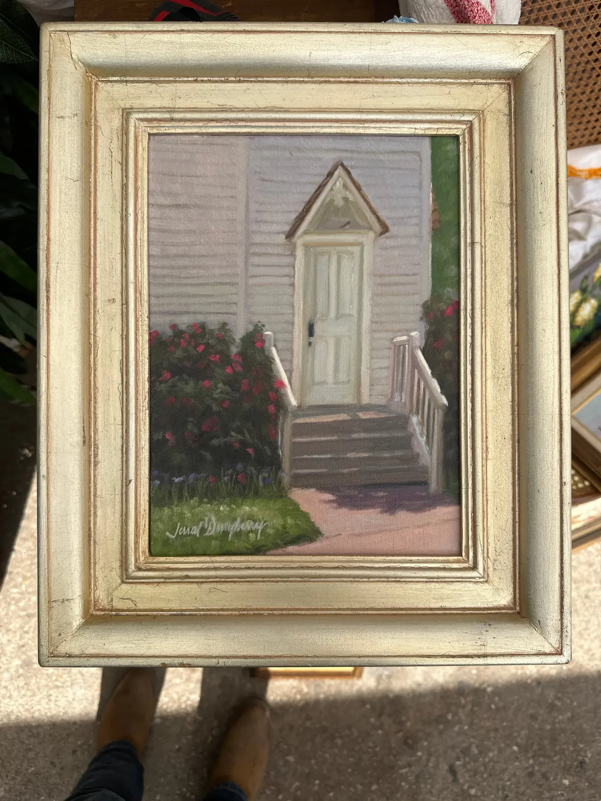 Small Framed Oil Painting Of A Bird In The Doorway Titled "The Sentinel" Signed 1