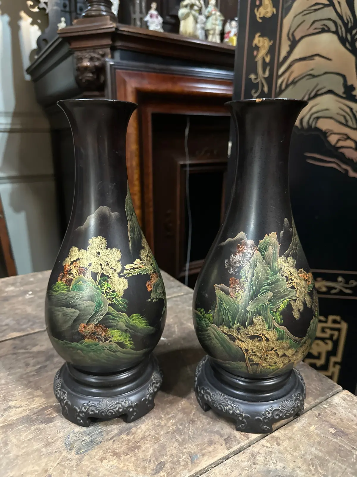 Pair Of Vintage Asian Lacquered Vases 1