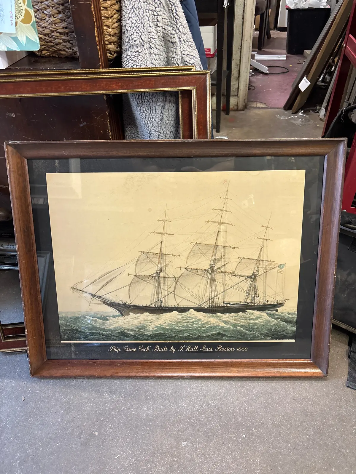 Framed Antique Print Of The Ship "Game Cock" 1