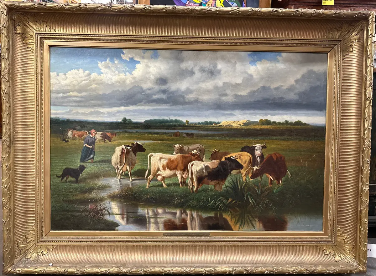 Large Framed Painting Of Cows By Pond 1