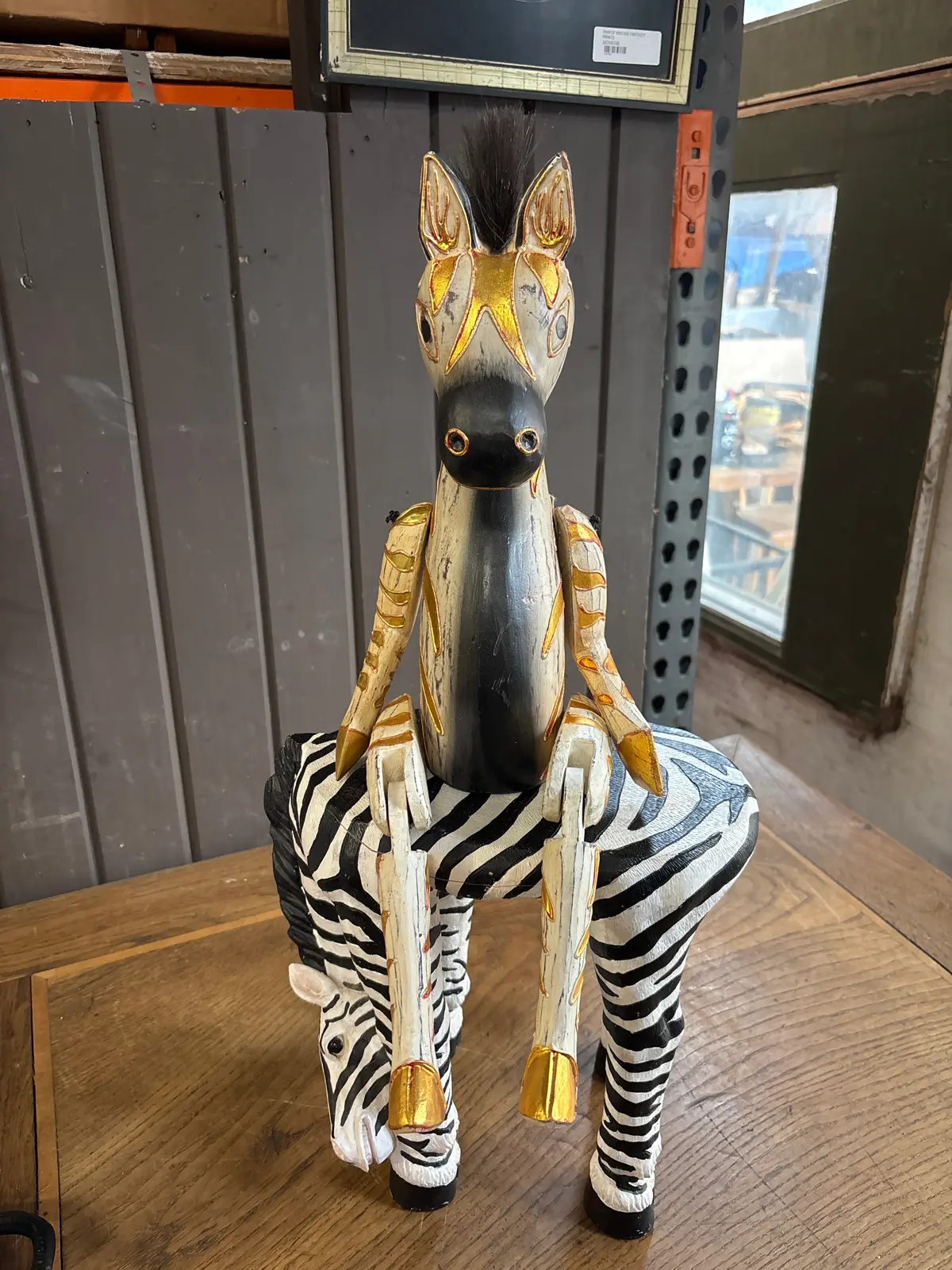 Wood And Gold Articulated Zebra Statue 1