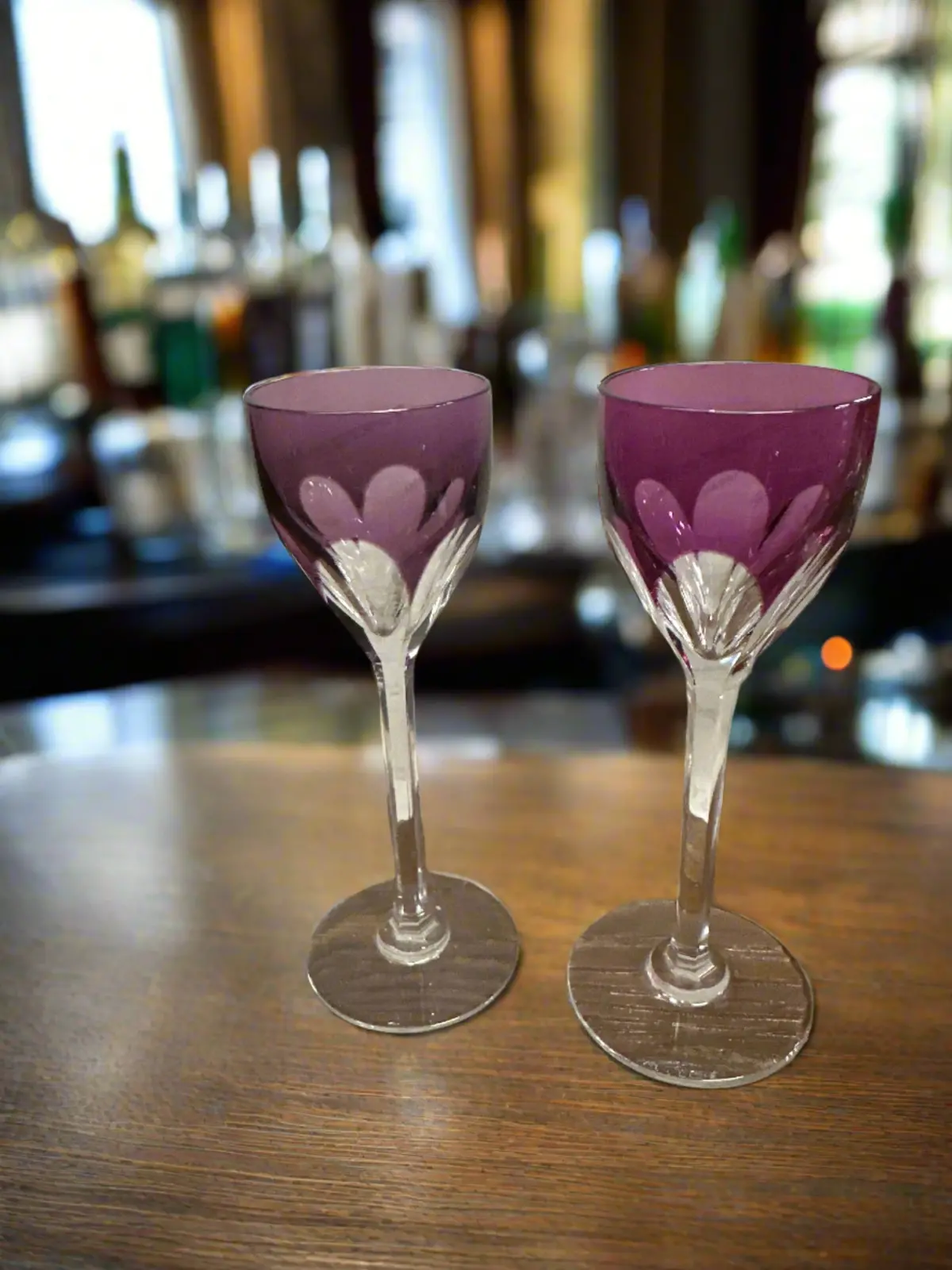 Pair Of Amethyst Cut To Clear Crystal Stemmed Cordials 1