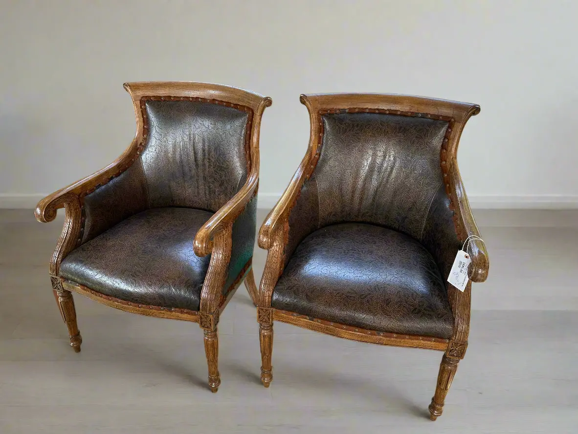 Pair Of Not Old Chairs With Cowhide Trim 1