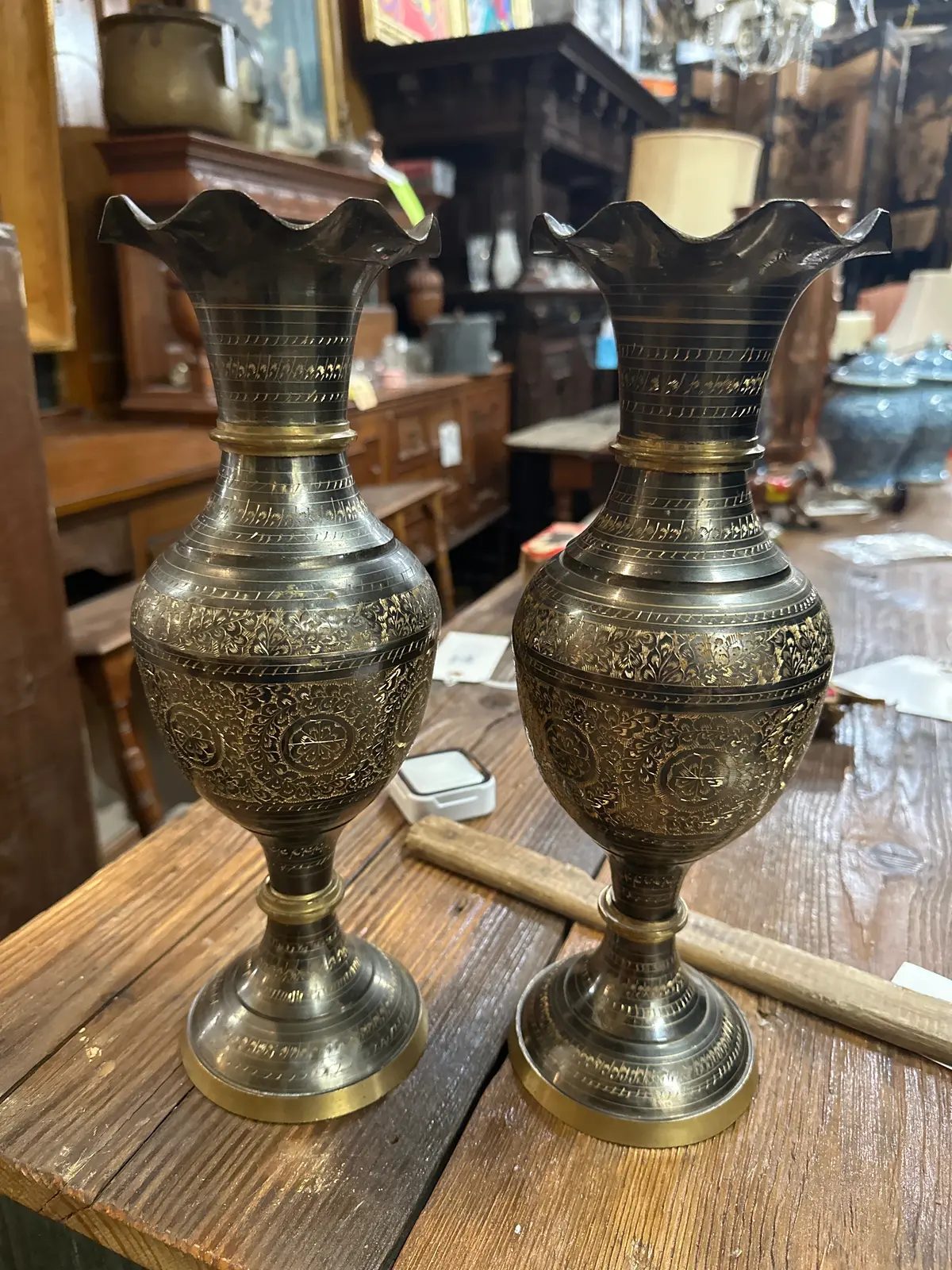 Pair Of Vintage Etched Brass Vases 1