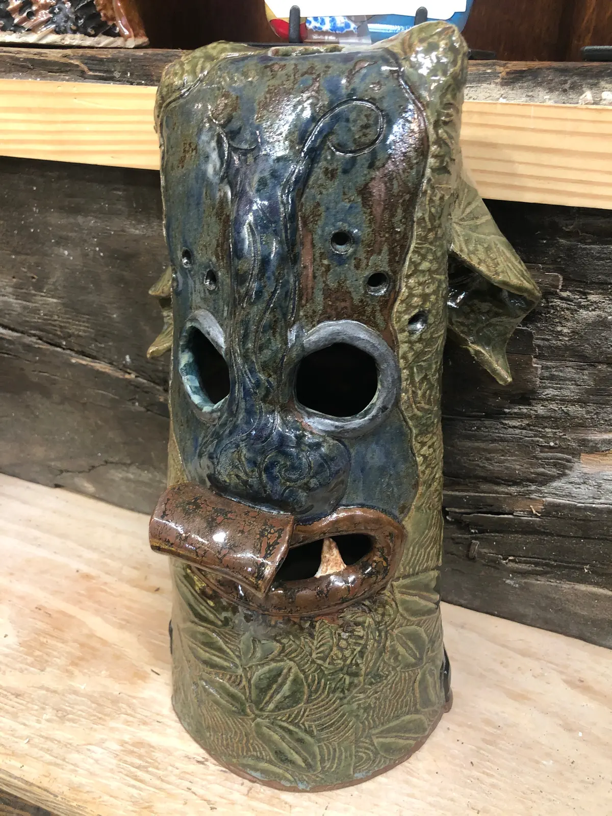 Green And Blue Pottery Head With Brown Tongue By Terri Wilder 1