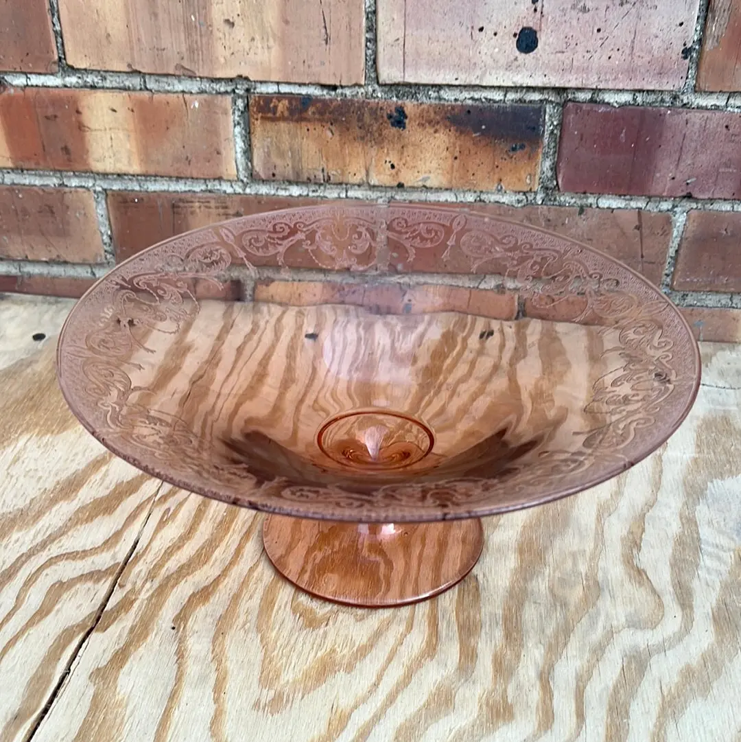 Etched Pink Glass Large Compote 1