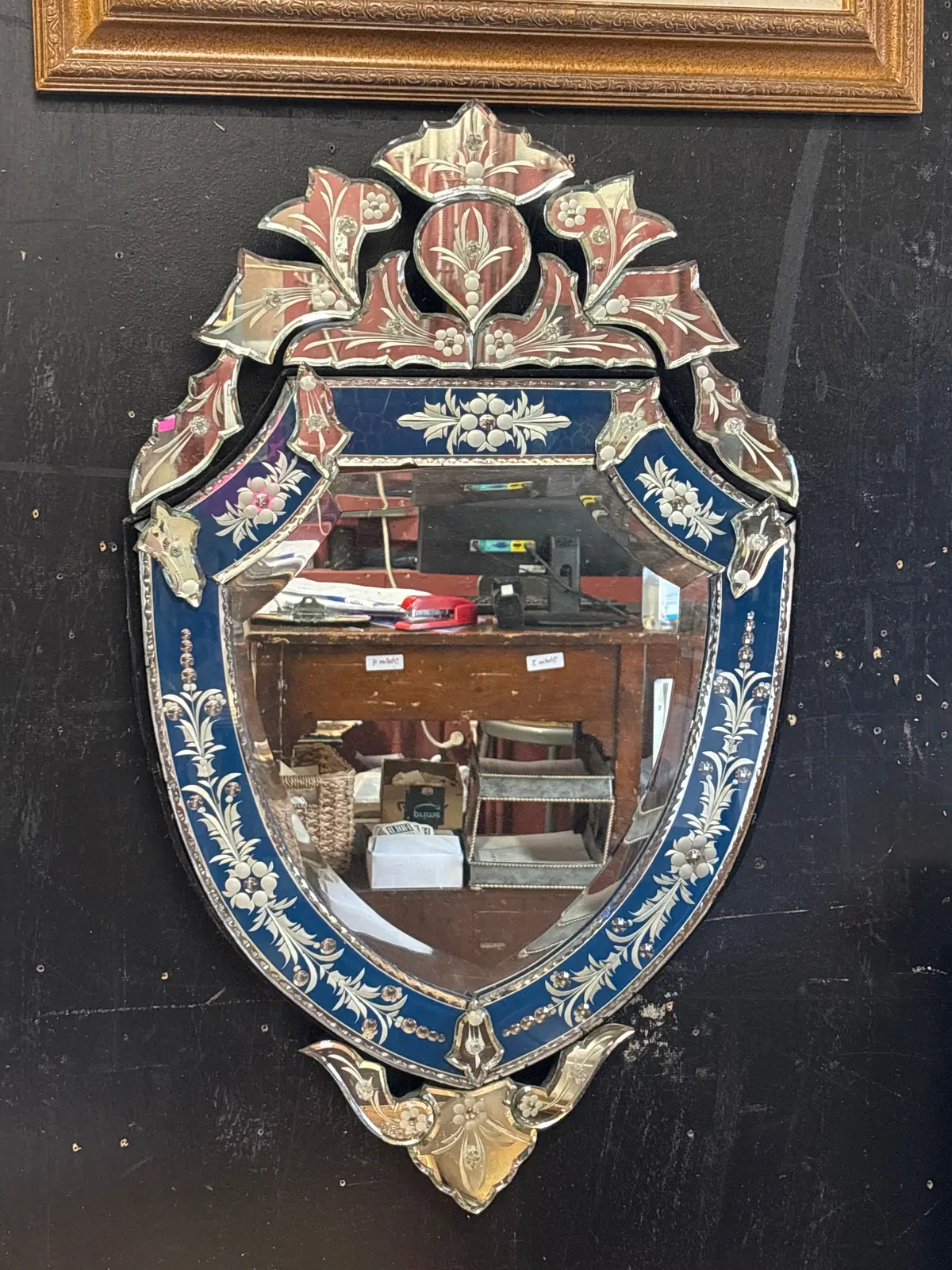 Not Old Fancy Etched Shield Shaped Ventian Glass Mirror With Blue Border - As Found 1