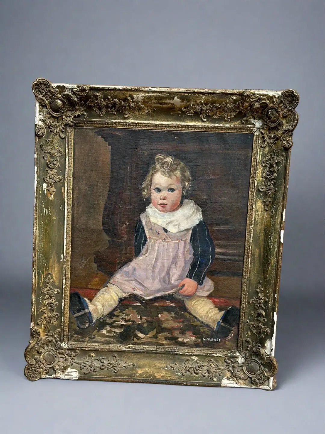 Early Oil Painting Of A Child In As Found Frame By L. Aubree 1