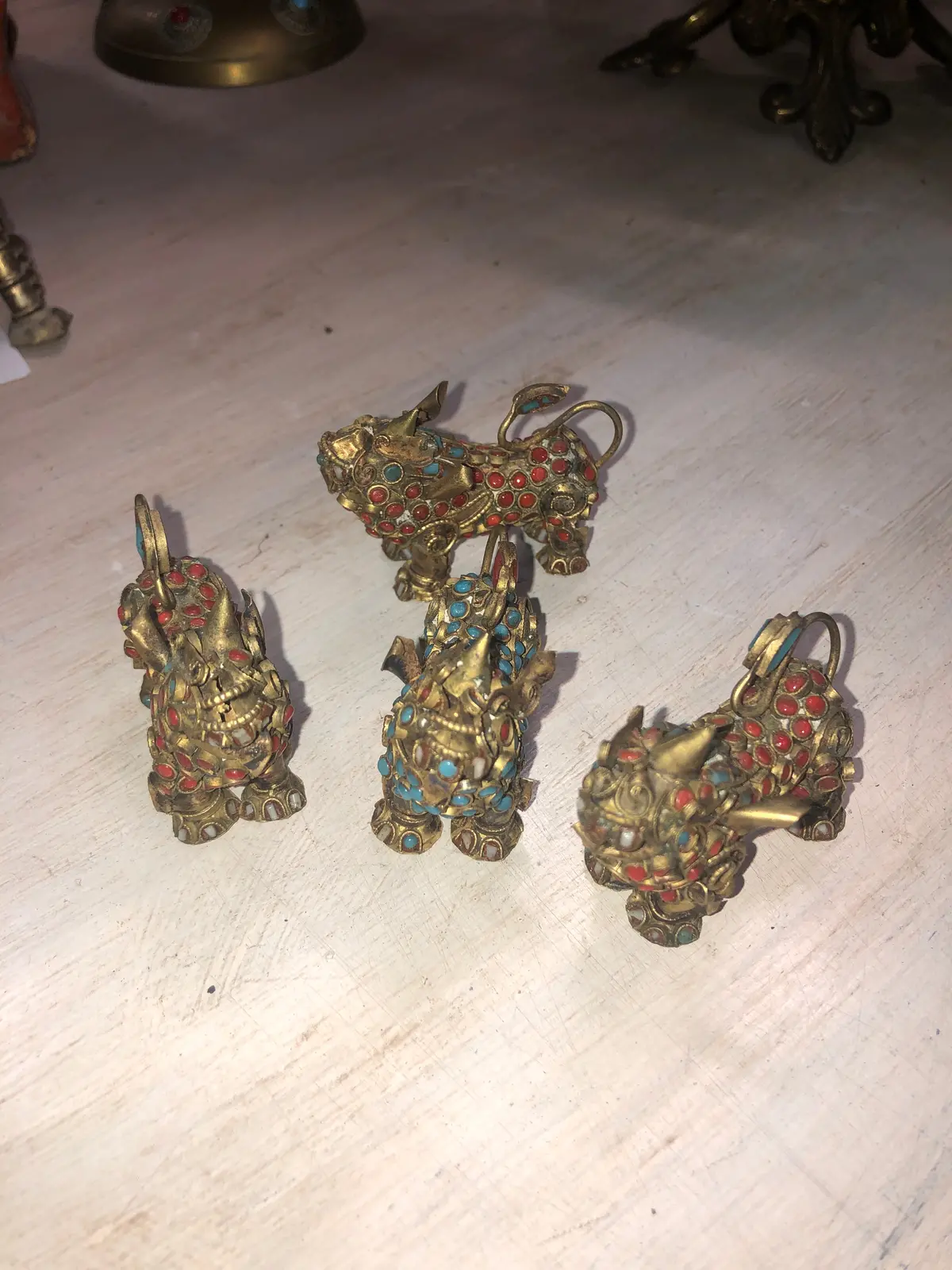 Set Of 4 Small Turquoise And Coral Tibetan Foo Dogs 1