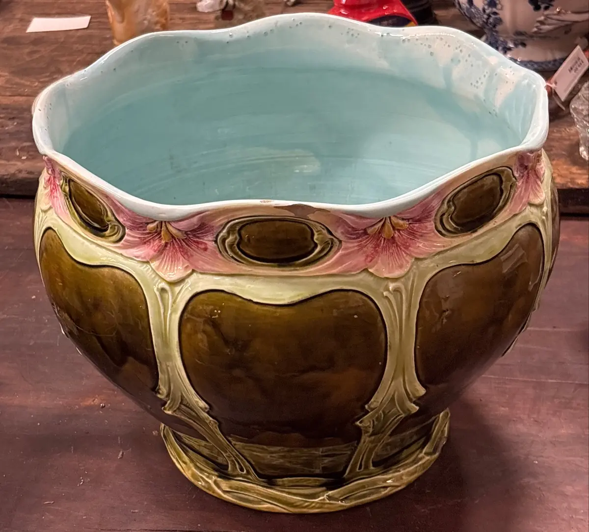 Large Majolica Flower Pot With Sky Blue Interior 1