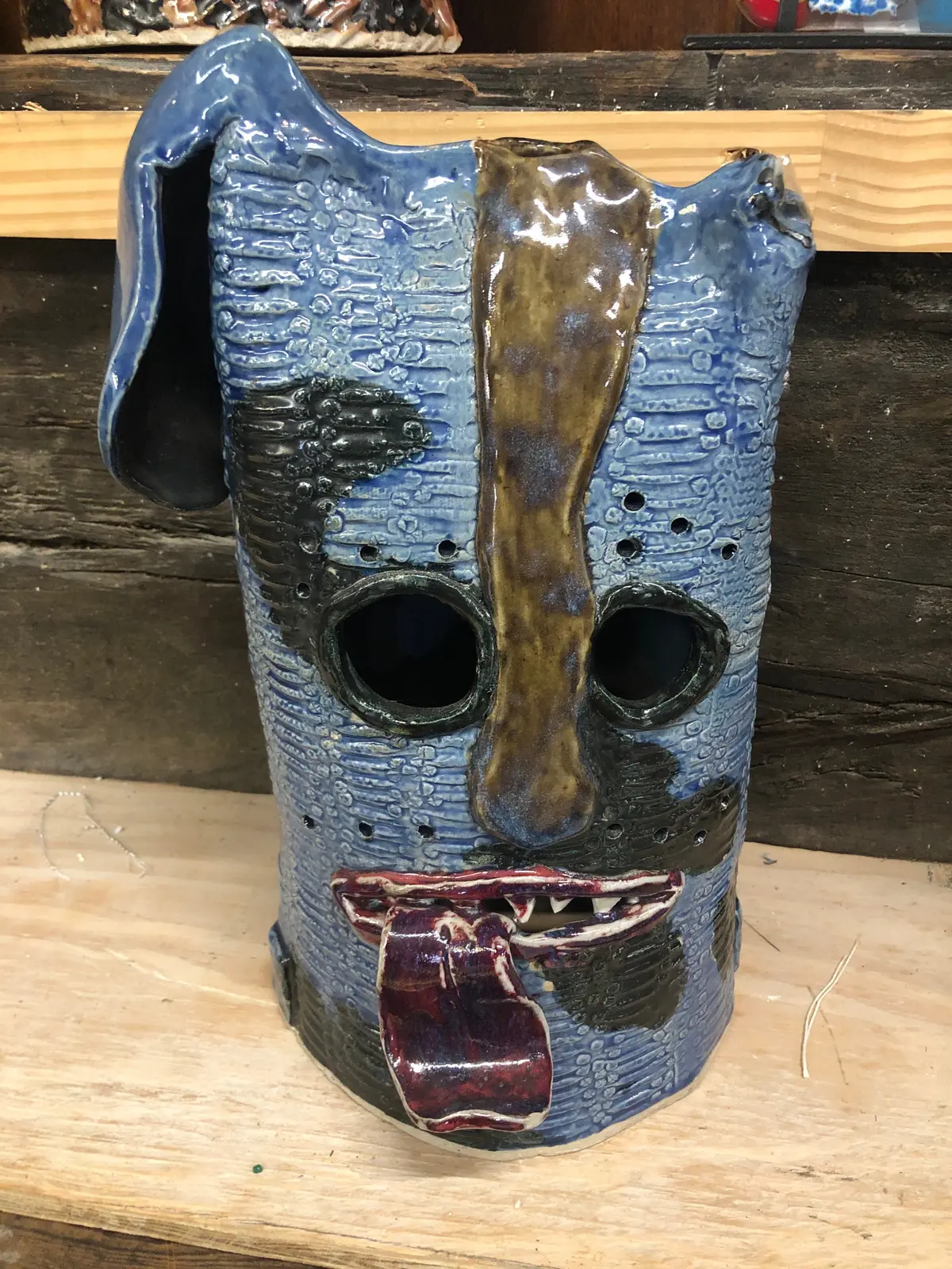Small Blue And Black Pottery Head With Teeth And Tongue By Terri Wilder 1