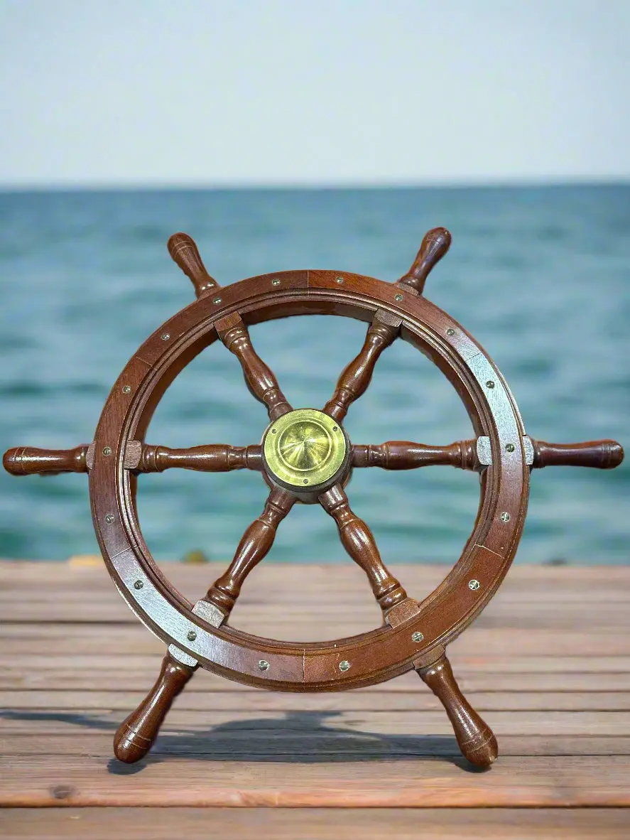 Brass And Mahogany Ship's Wheel 1