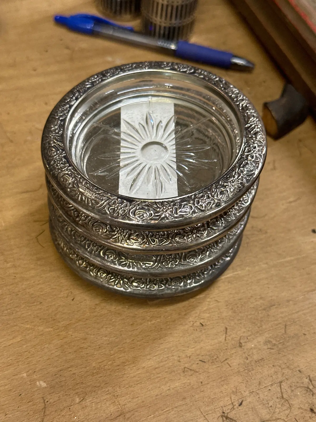 Set Of 4 Crystal And Silver Plate Coasters 1