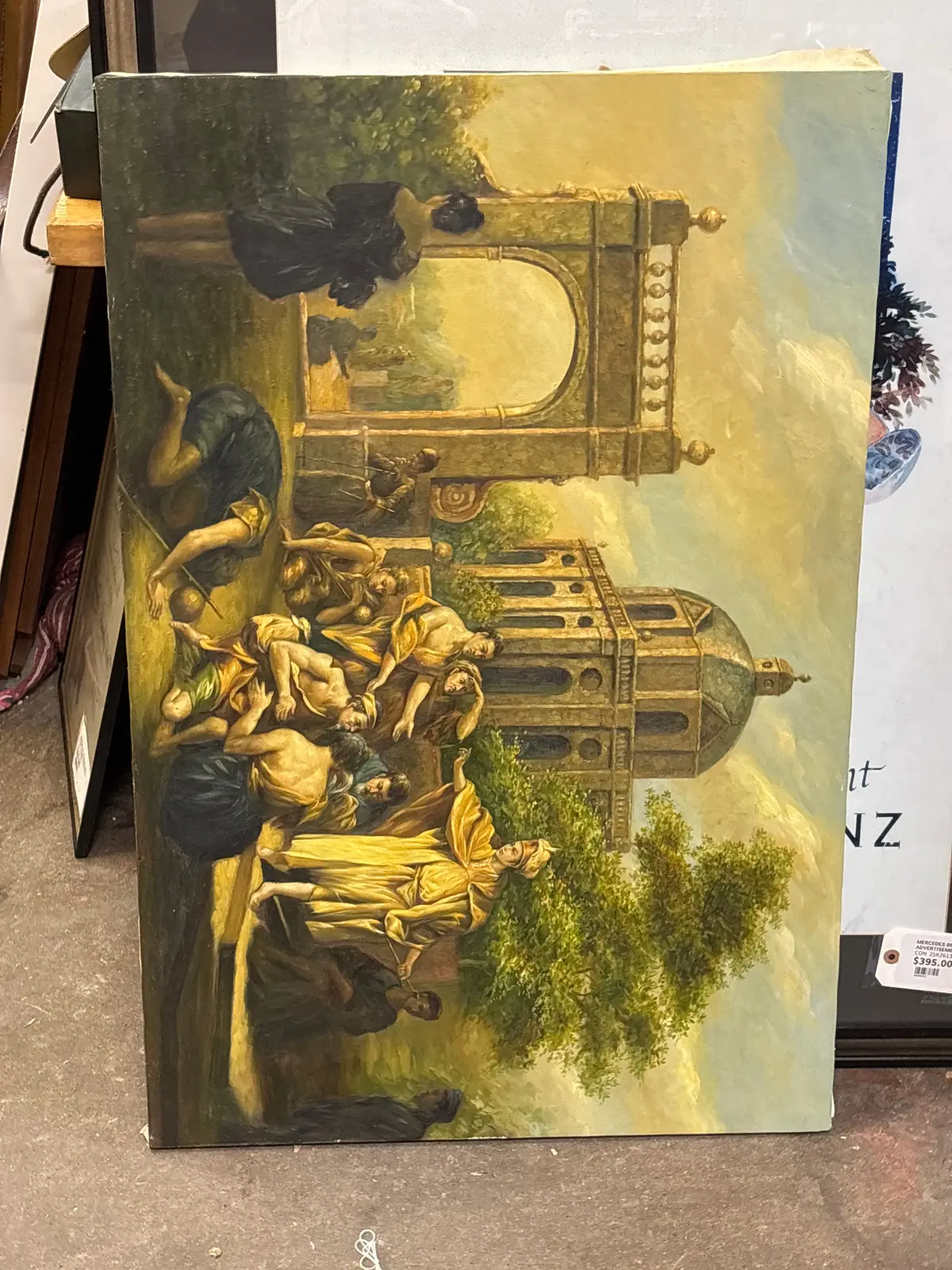 Unframed Landscape Oil Painting Of Servants Bowing To Their Master Near An Arch 1
