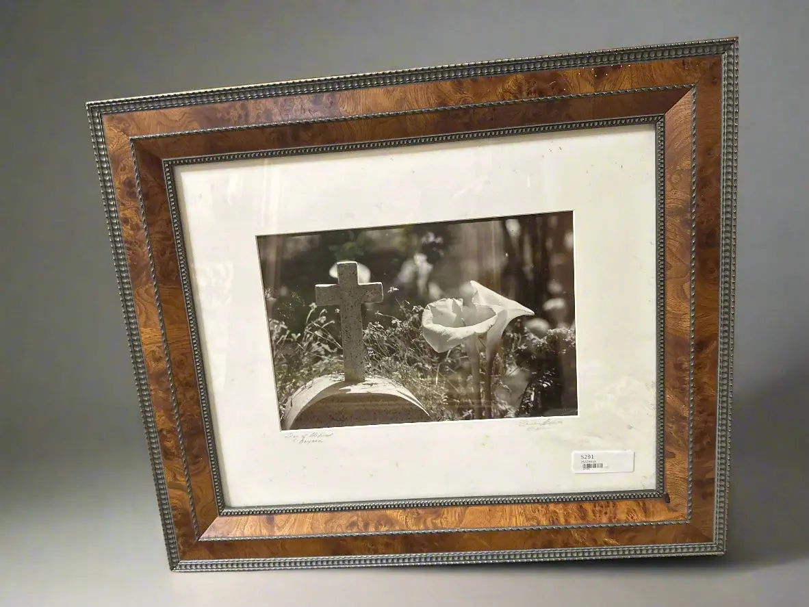 Wood Framed Black And White Photgraph Of Cross And Flower 1