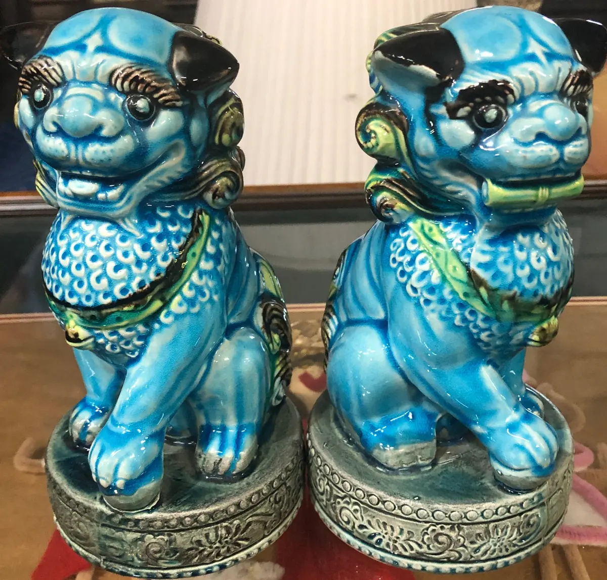 Pair Of Small Round Base Turqouise Foo Dogs 1