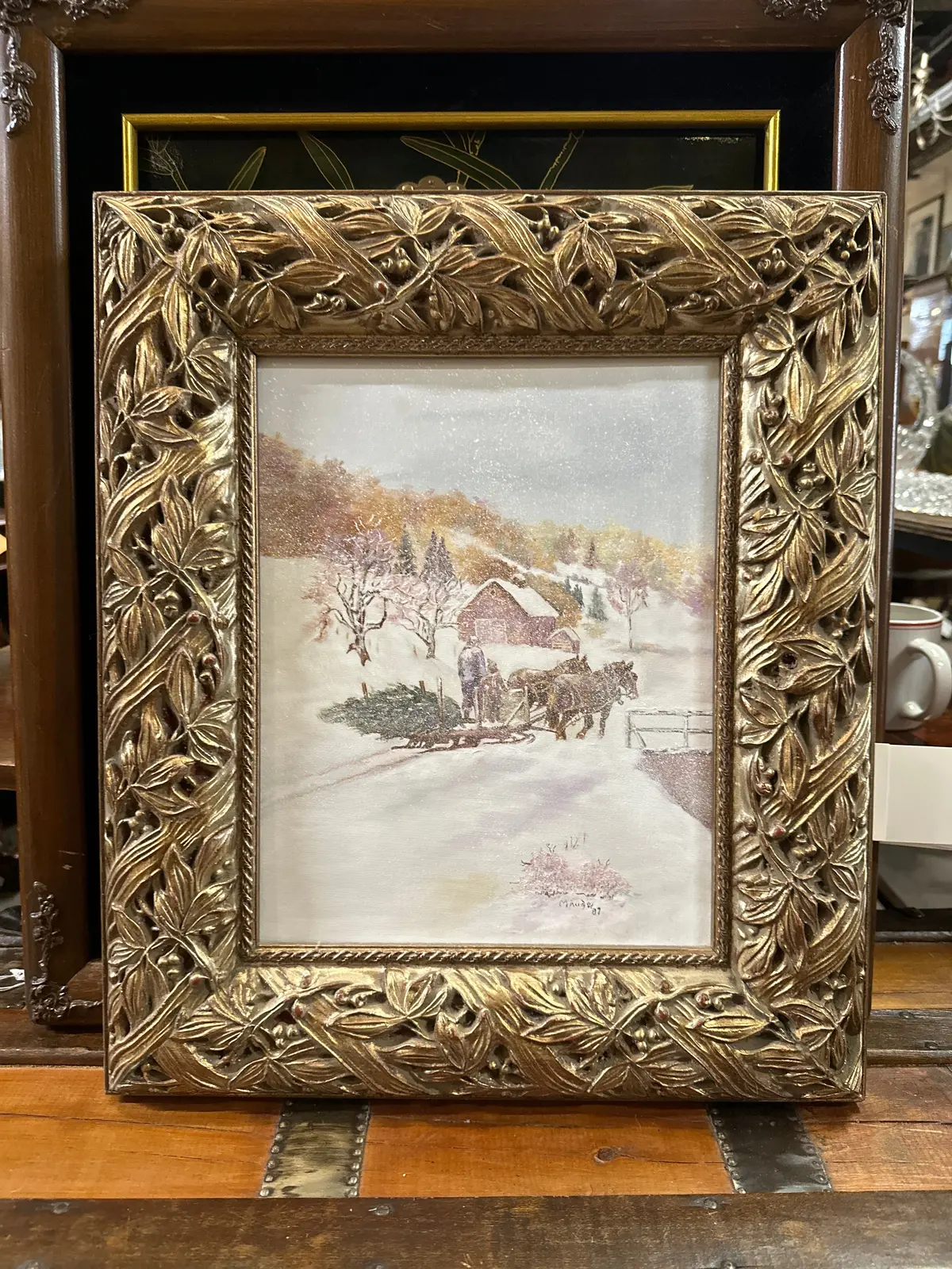 Silver Gilt Framed Winter Farm Secne Oil Painting By Maude Waters 1