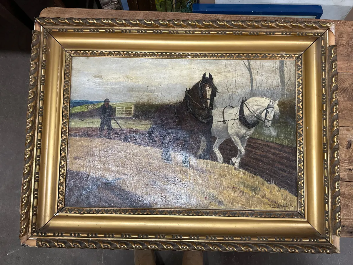 Gold Framed Oil Painting Of  Plowing The Field 1