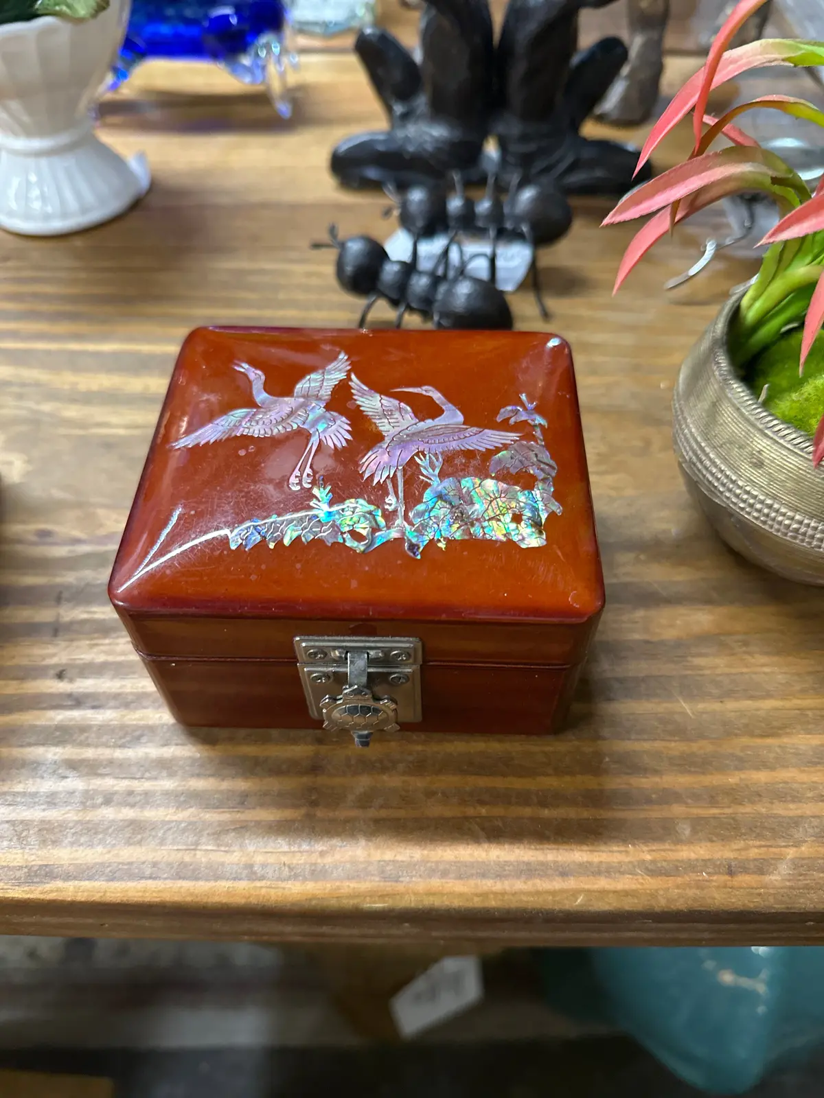 Red Asian Box With Inlaid Cranes 1