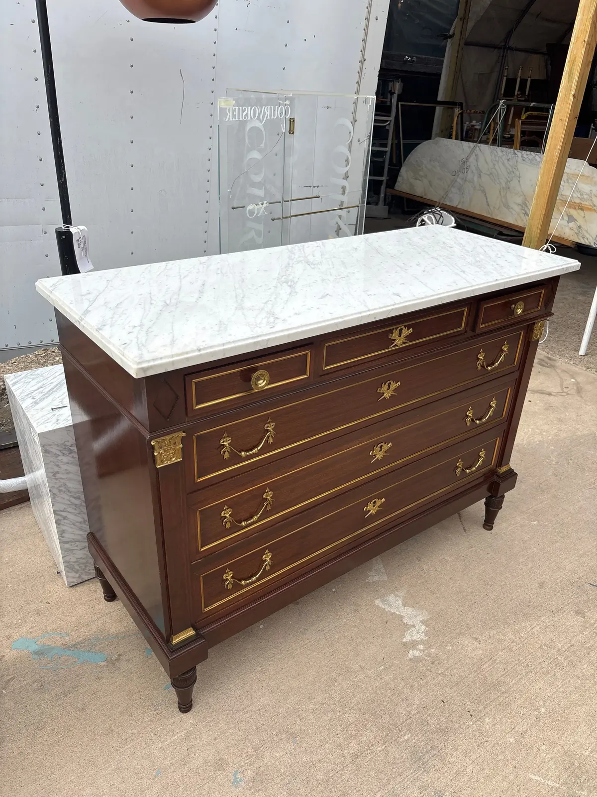 Large Louis Xvi White Marble Top 6 Drawer Mahogany Chest With Fancy Bail Pulls And Brass Trim 1