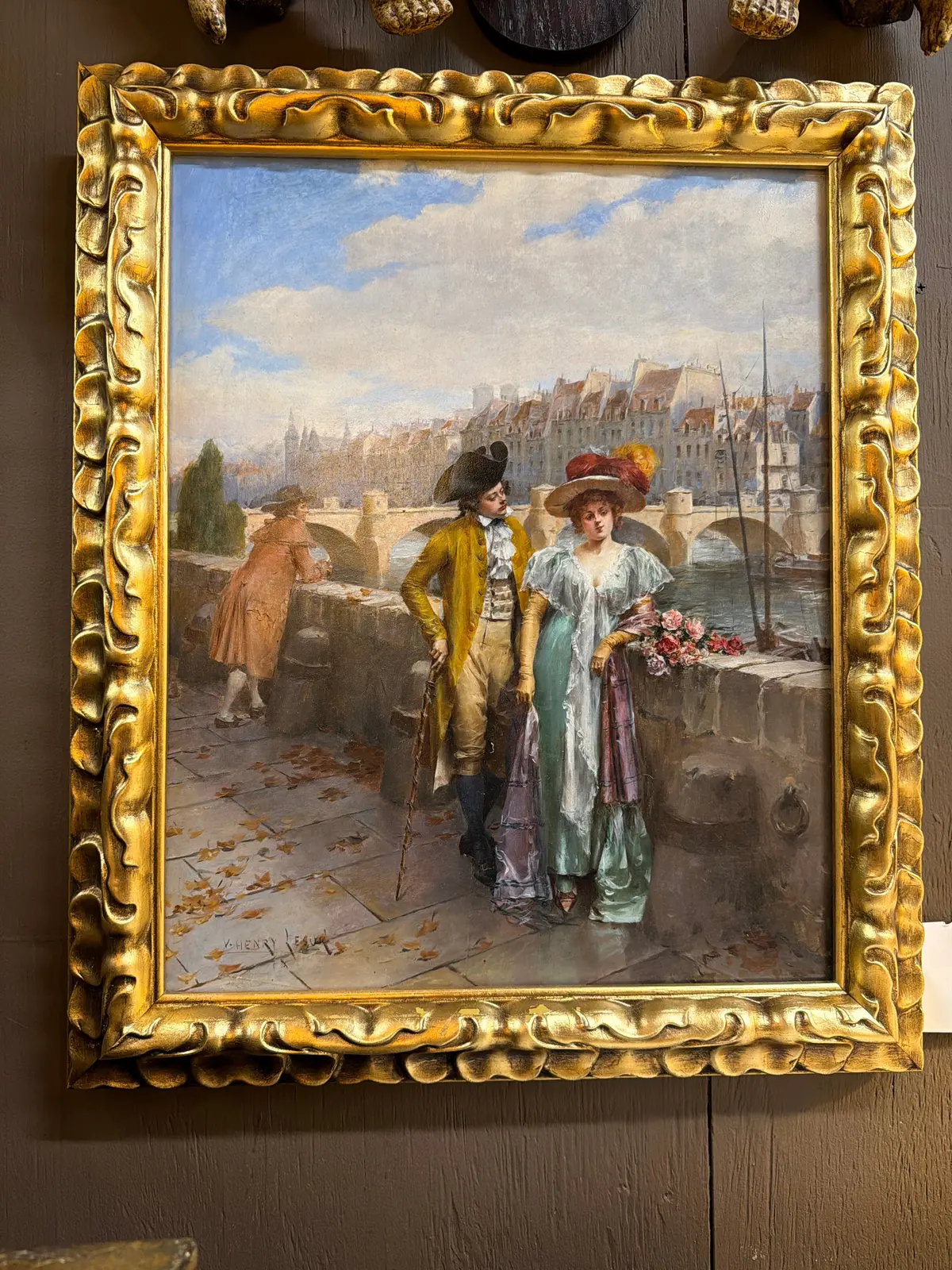 Framed Oil Painting Of A French City Scape With Couple On A Bridgesigned Henry Victor Lesure (1862-1937) 1
