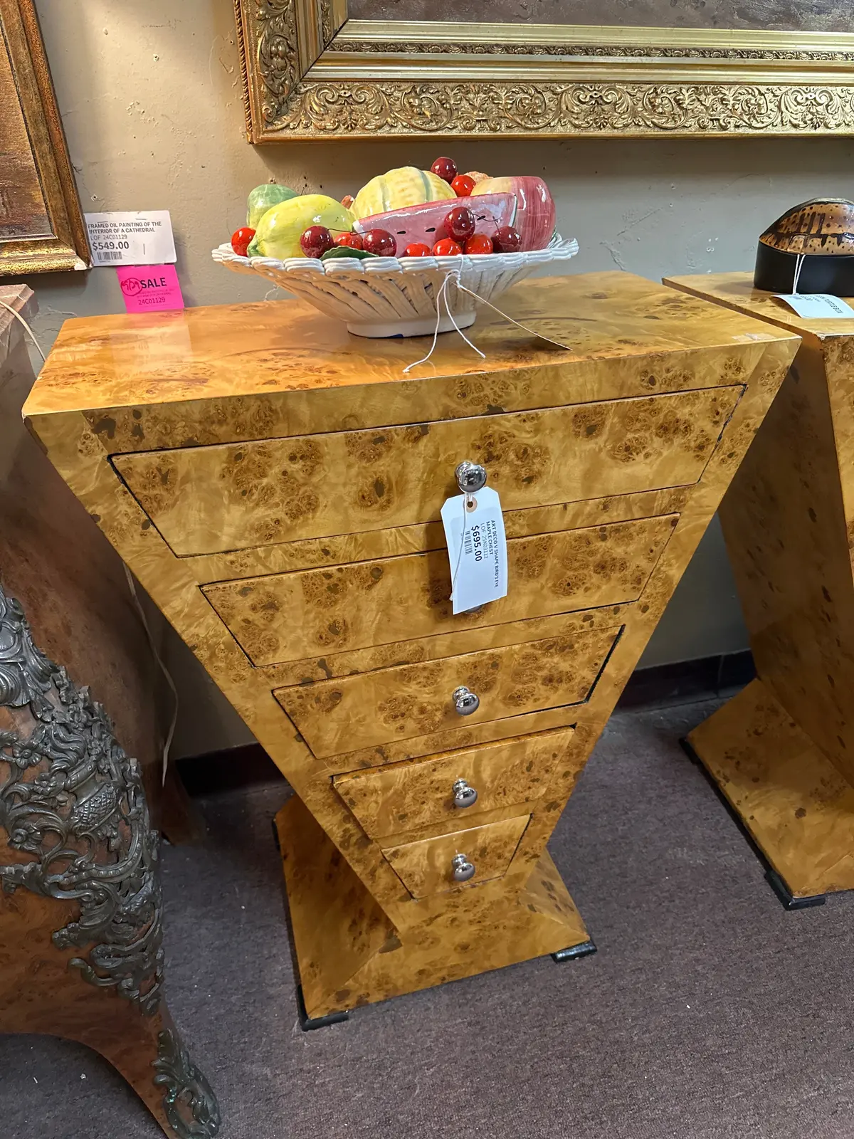 Art Deco V Shape Bird's Eye Maple Chest-Each 1