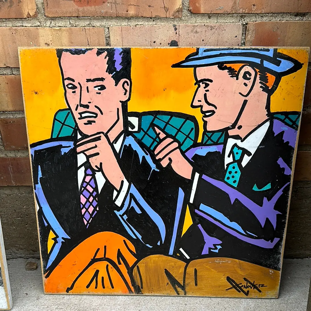 1960'S Cartoon Painting On Wood-2 Men In Chairs By Rob Conover 1