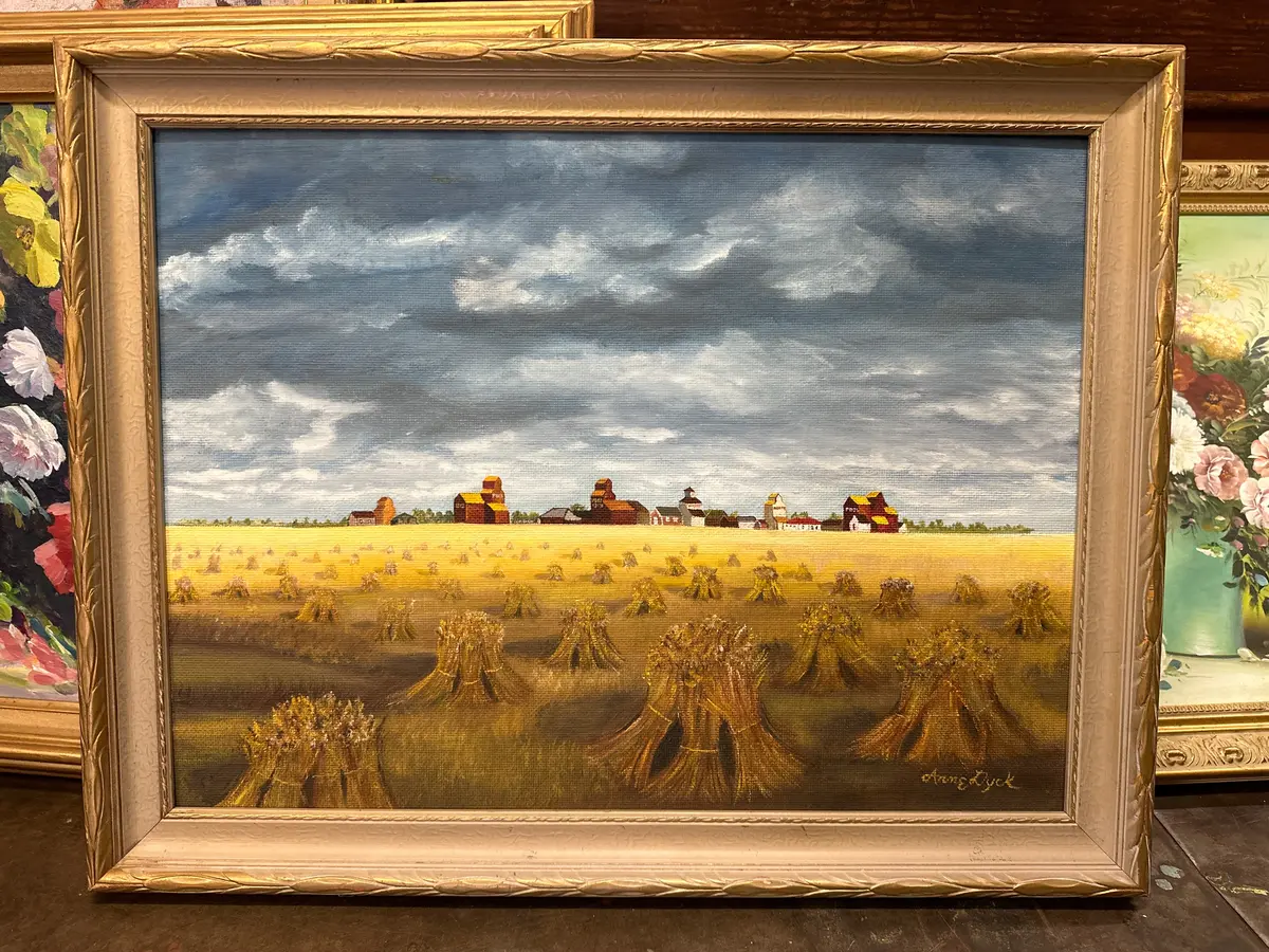 Framed Impressionist Landscape Oil Painting Of A Farm And Haystacks 1