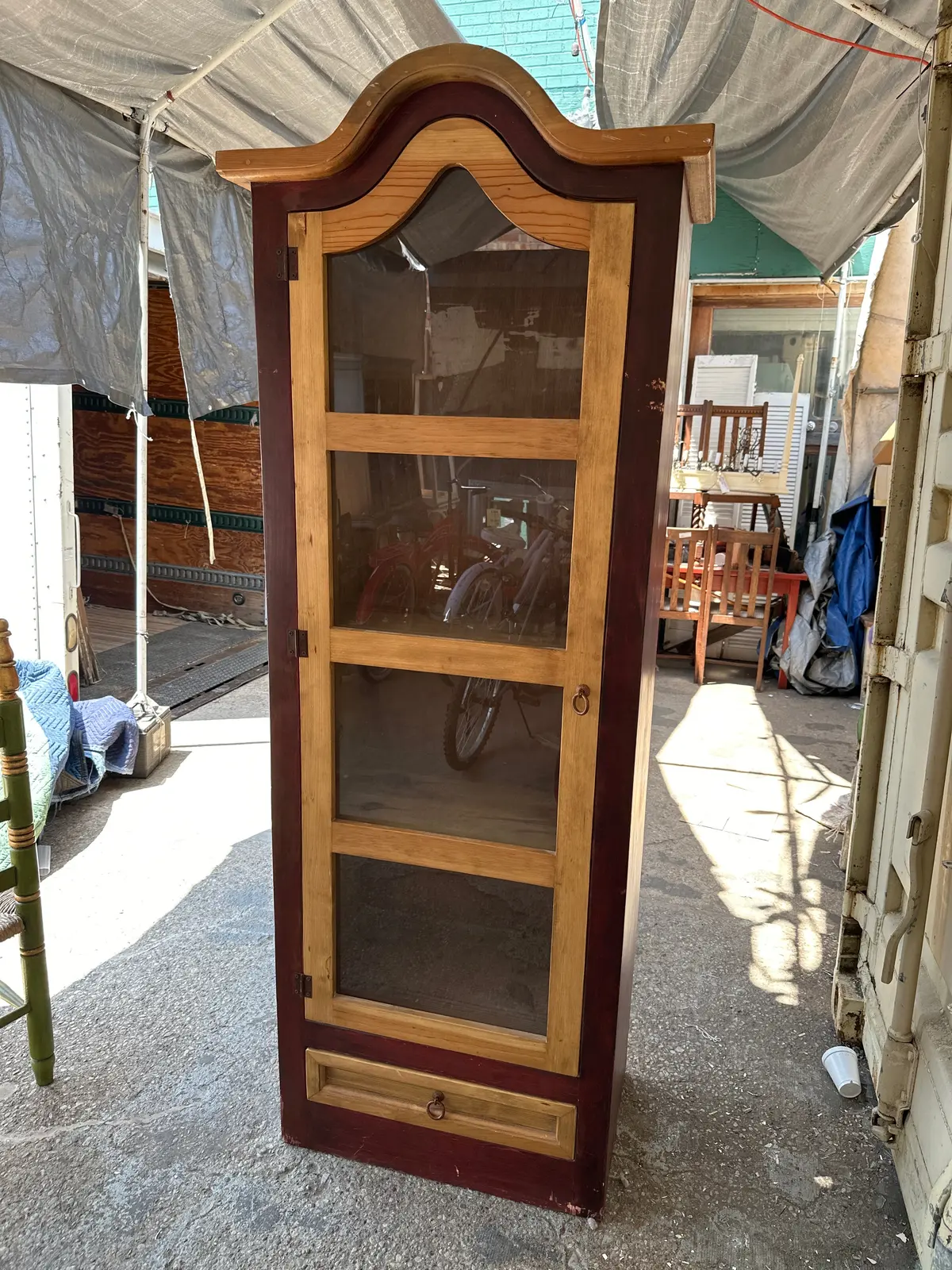 Arched Top Pine Display With Glass Door 1
