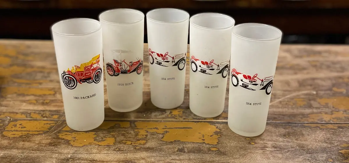 Set Of 5 Frosted Collins Glasses With Antique Cars 1
