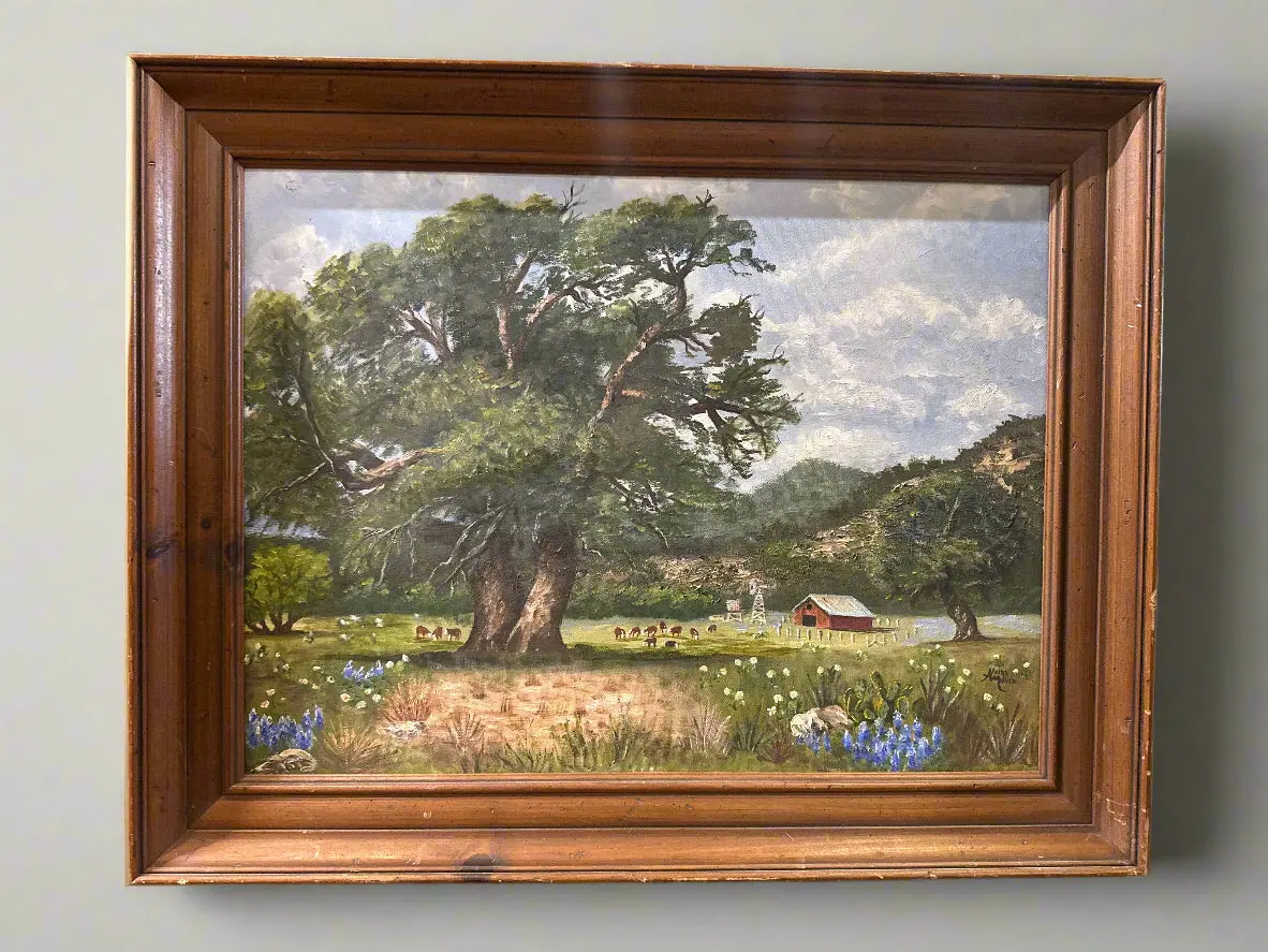 Framed Blue Bonnet Oil Painting Signed Netha Moore 1