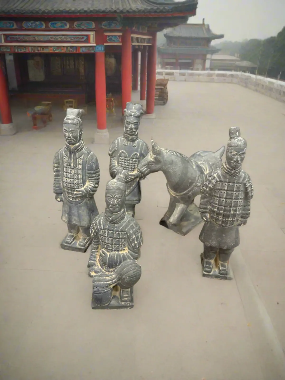 Chinese 5 Piece Set Of Of Pottery Horses And Soldiers 1