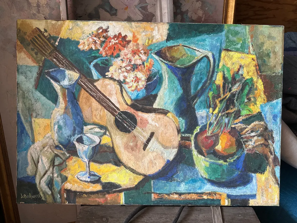 Large Ubframed Still Life With A Guitar Signed J. Bedwell 1
