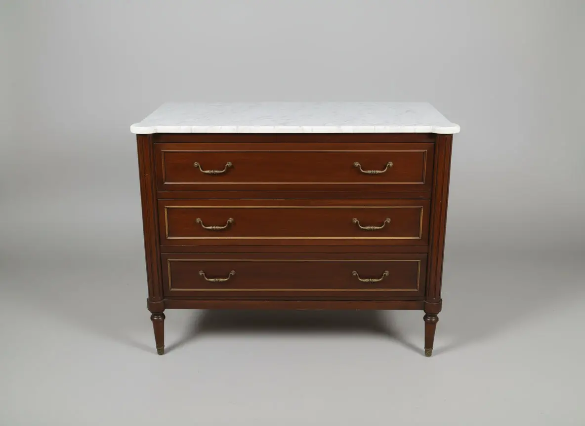 Dark Mahogany 3 Drawer Louis Xvi White Mabrle Top Chest 1