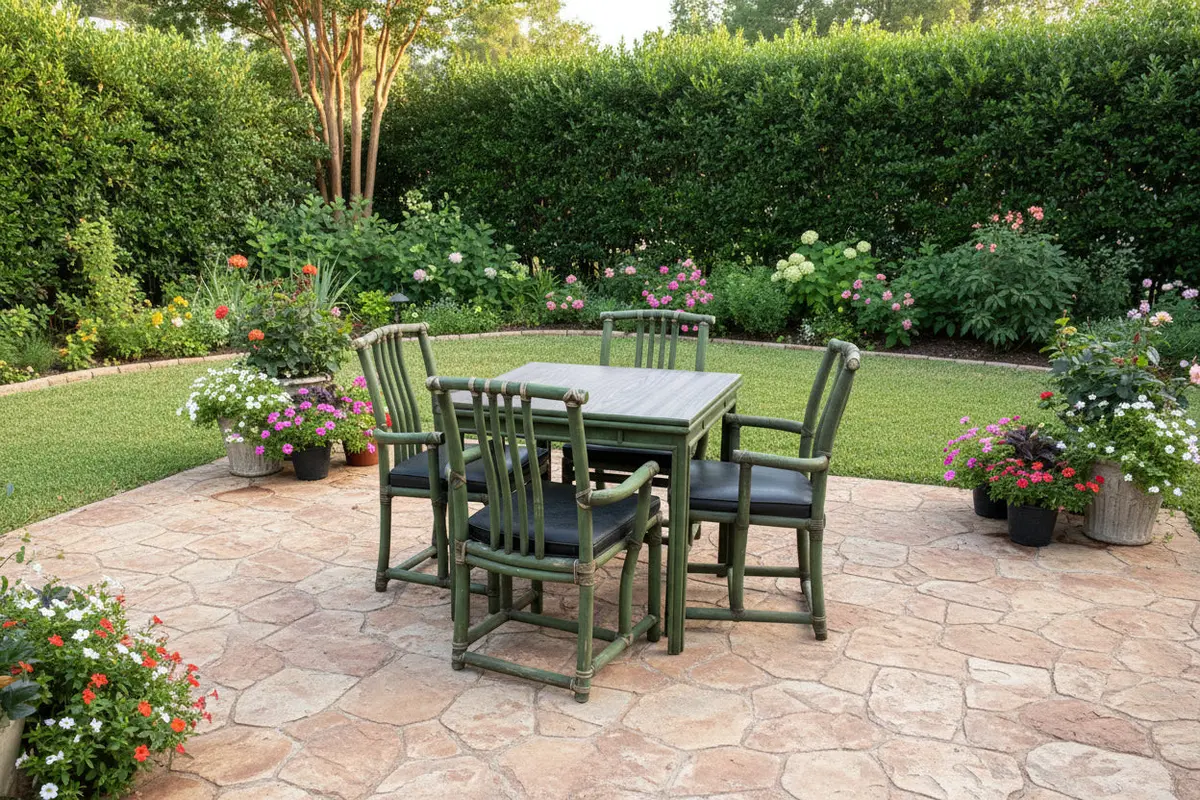 Green Distressed Rattan Table & Set Of 4 Chairs 1