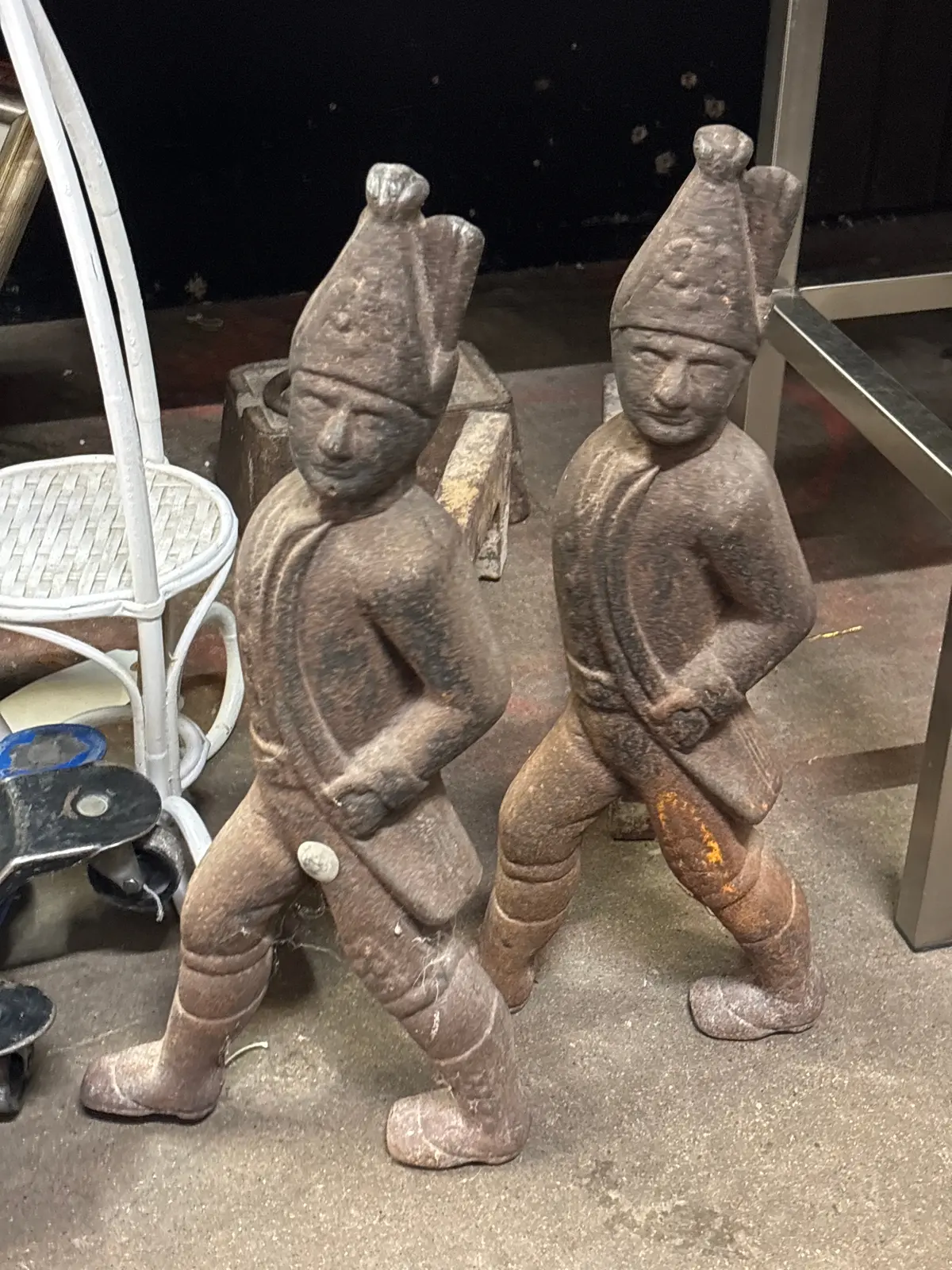 Pair Of Cast Iron Soildier Andirons 1
