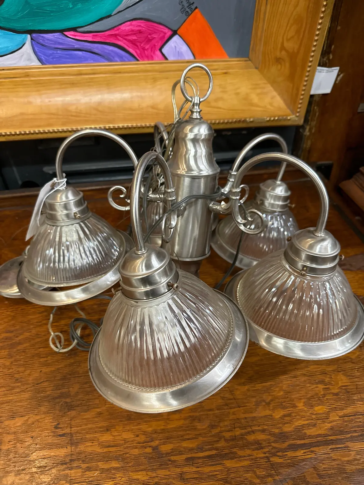 Pewter Color Chandelier With Halophane Shade 1
