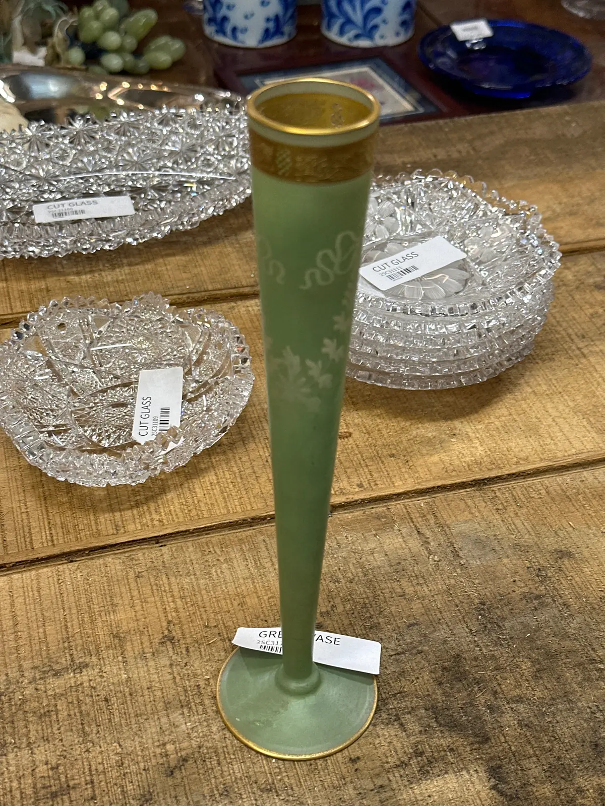Footed  Green Vase Etched With  Gold Band 1
