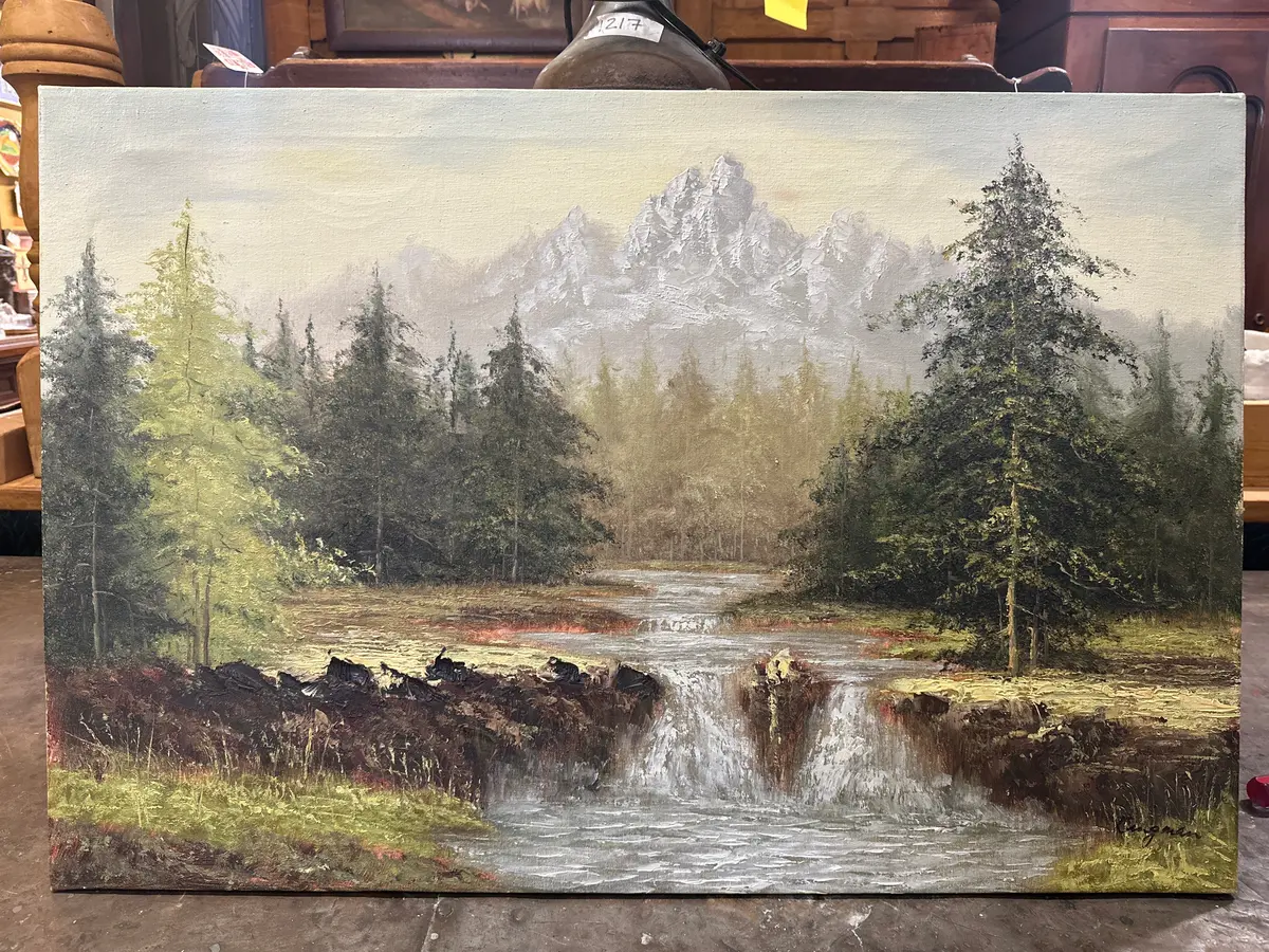 Unframed Landscape Oil Painting Of Mountains And A Waterfall 1