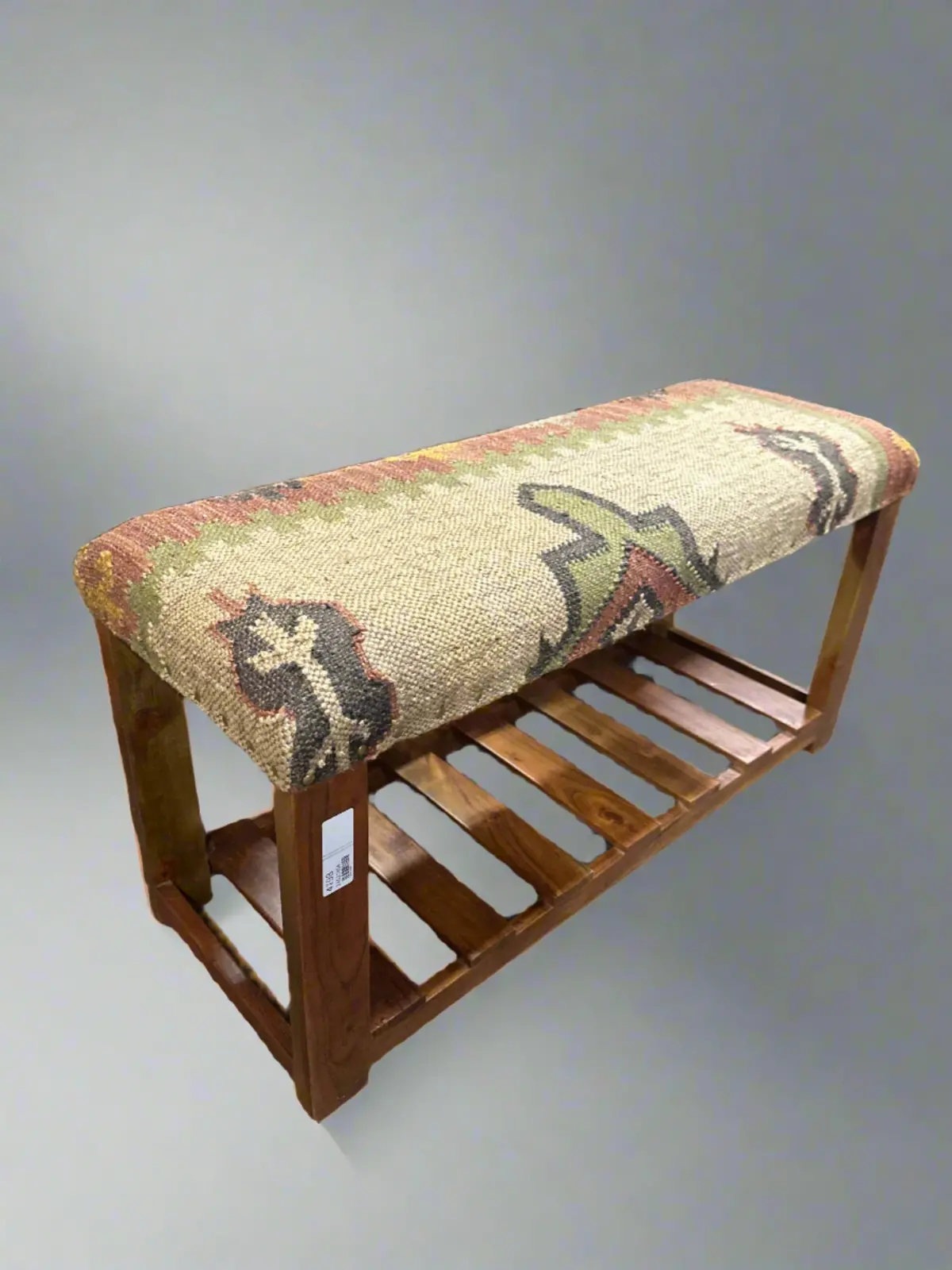 Hand Woven Kilim Covered Wood Bench 1