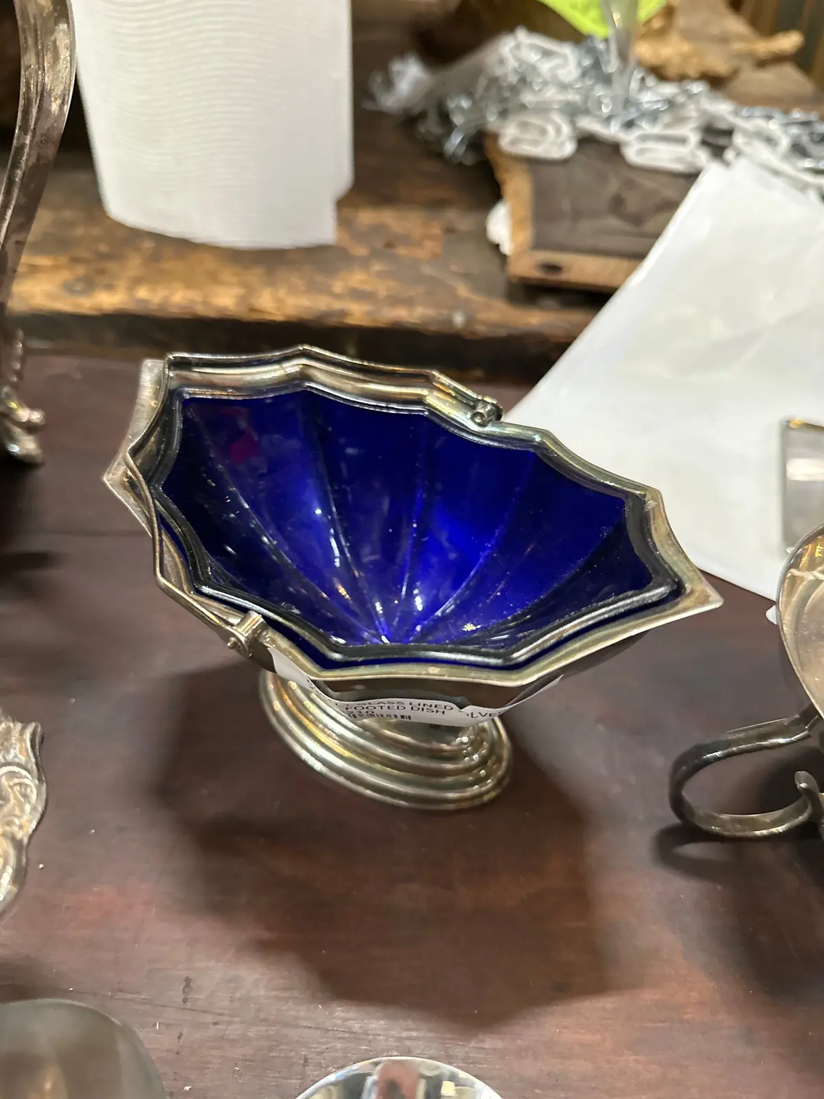 Cobalt Glass Lined Silver Plate Footed Dish 1