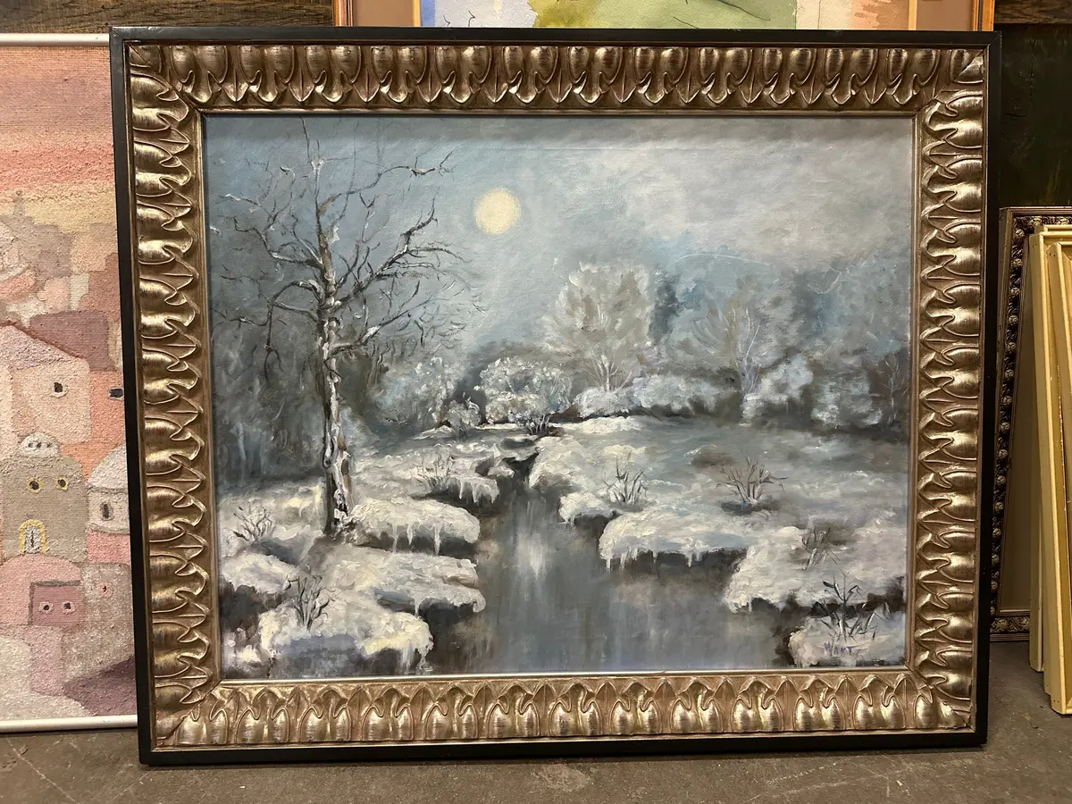Signed Winter Scene With Black And Gold Ornate Frame 1