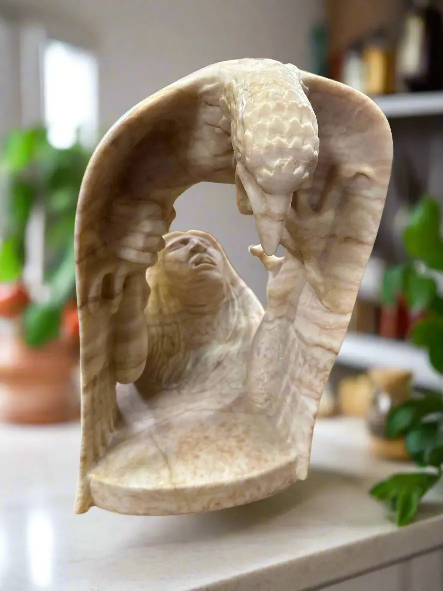 Carved Alabaster Staue Of An Indian Holding An Eagle 1