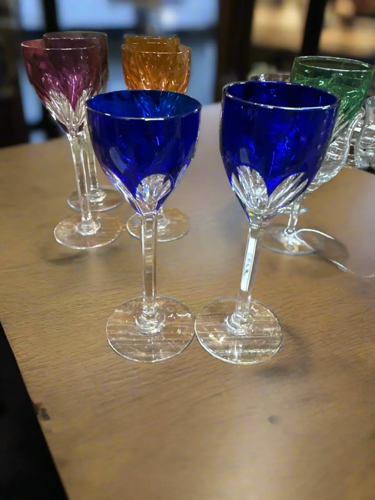 Pair Of Blue Cut To Clear Crystal Stemmed Cordials 1