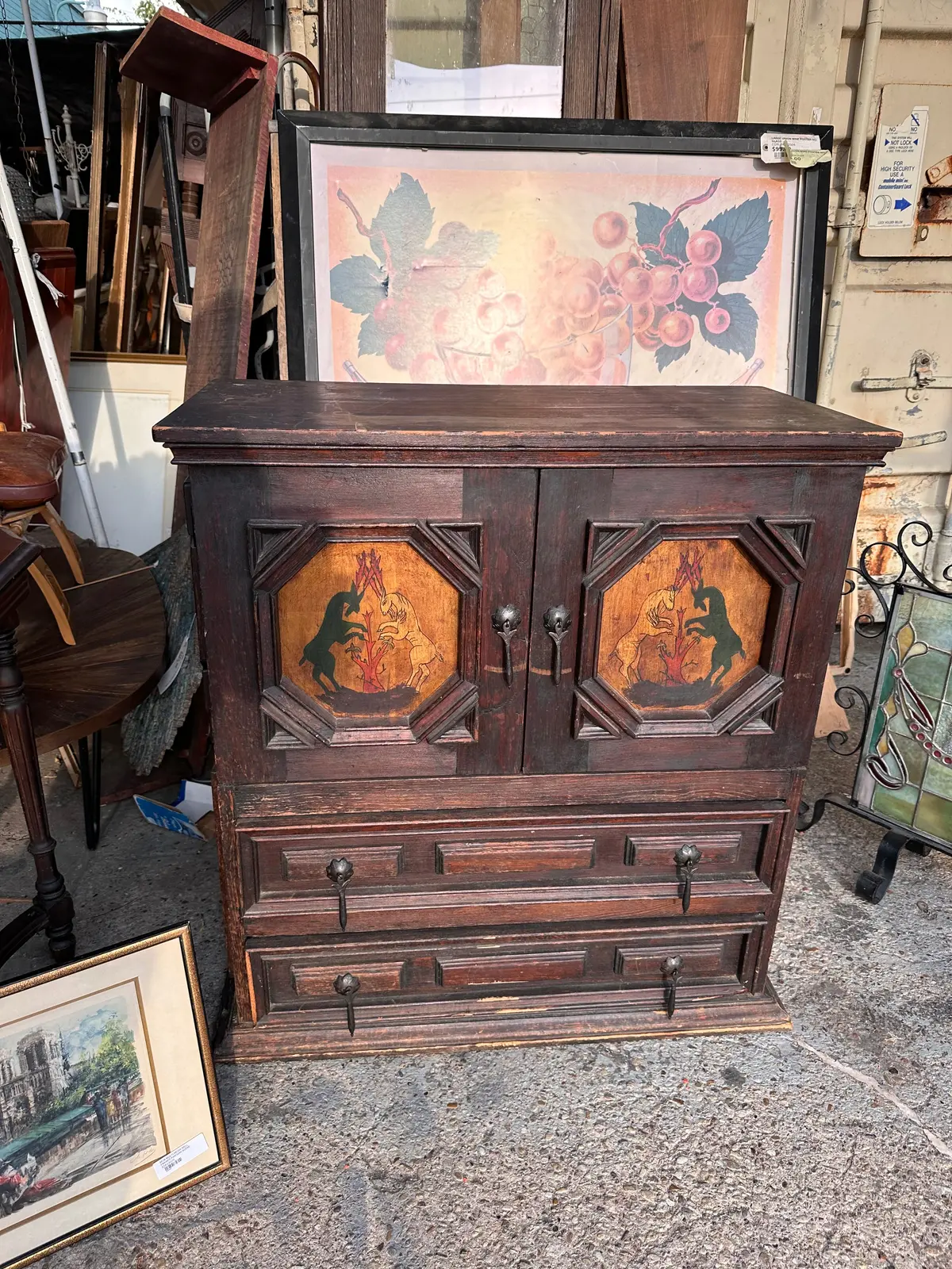 Antique Hand Painted Wood Cabinet With Panels 1